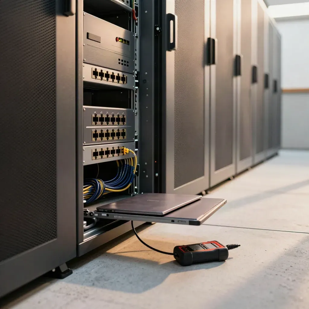 Open server rack audit scene with laptop, cable tester, and neat patch leads