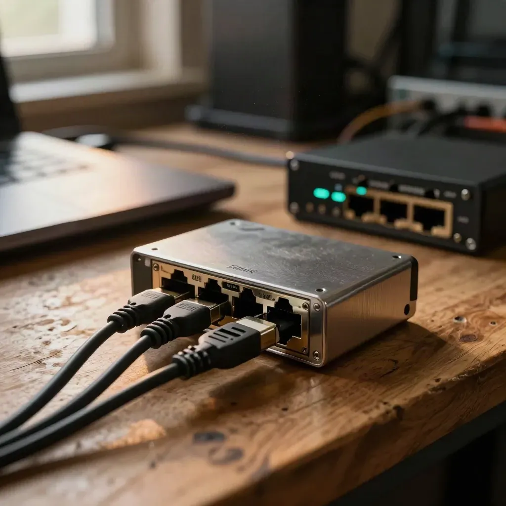 Macro of cybersecurity testing hardware on a workbench with glowing status lights and cables.