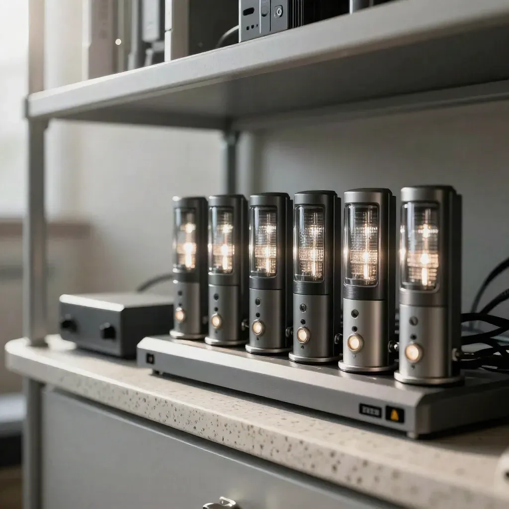 Glowing monitoring lights and sensor hardware on a dark cyber shelf in soft daylight.