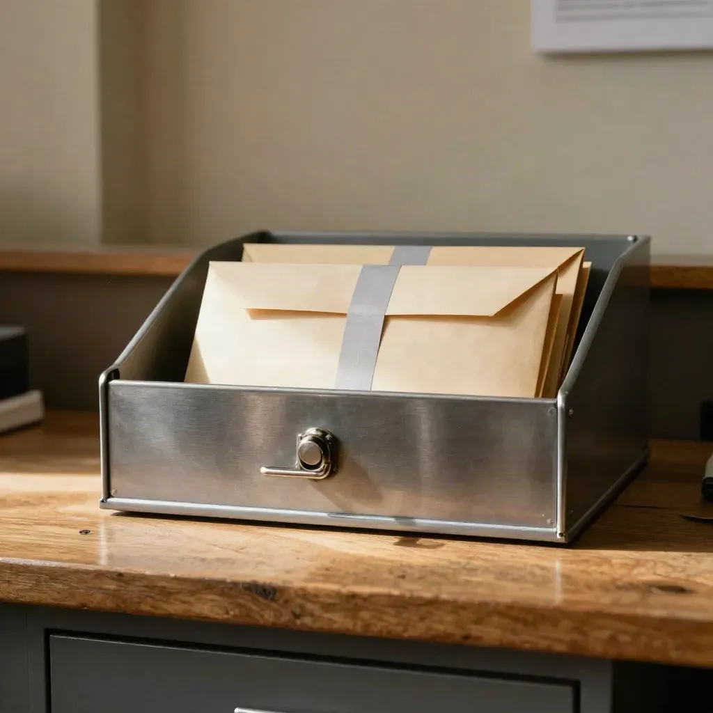 Tidy back-office mail bench with quarantined envelopes, locked inbox tray and closed till drawer in warm light.