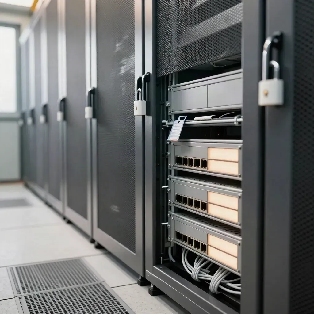 Low-angle server rack aisle with padlocks, blank ports and a face-down admin badge.