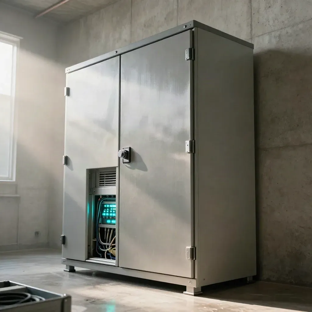 Concrete utility room with a sealed cyber cabinet, cyan status lights, and neatly rerouted cables.