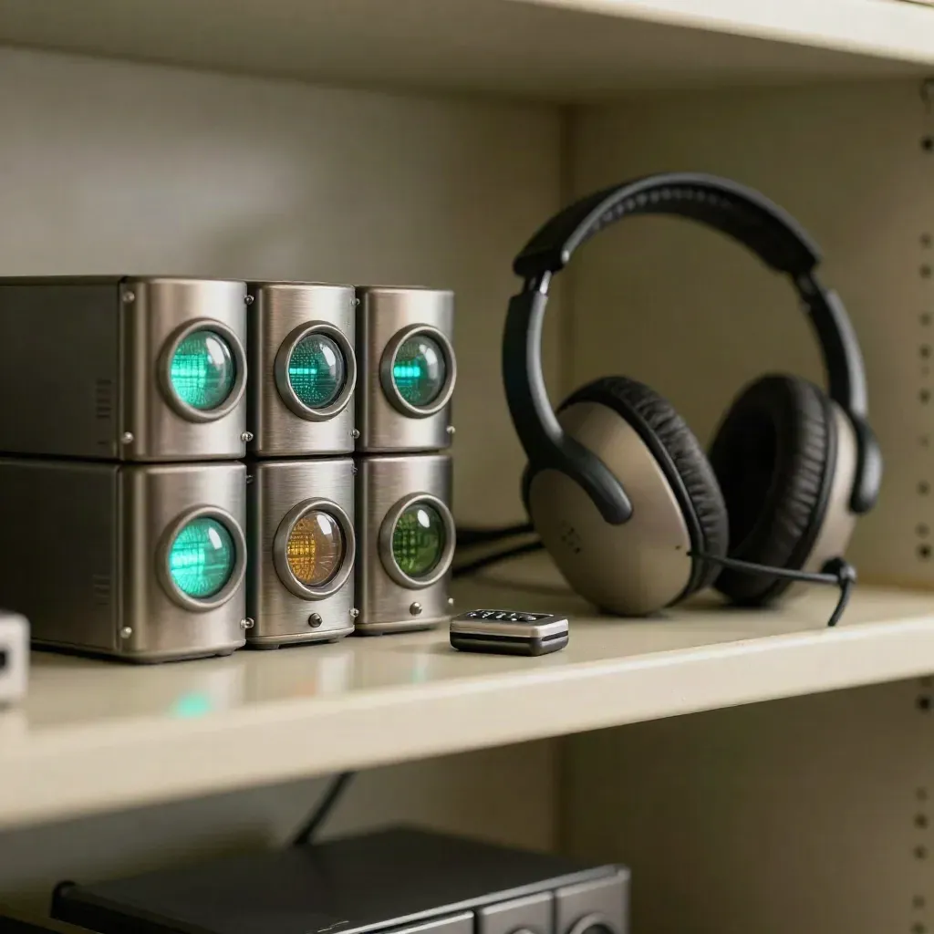 Alert lights, headset band, and hardware token on a cybersecurity shelf in cyan haze.