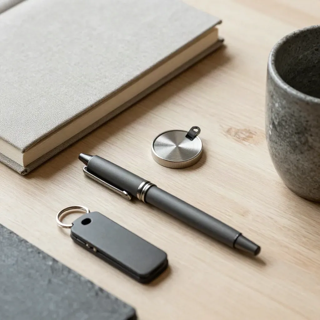 Top-down still life of a scope-call intake kit with notebook, token, pen, key fob and stone cup.