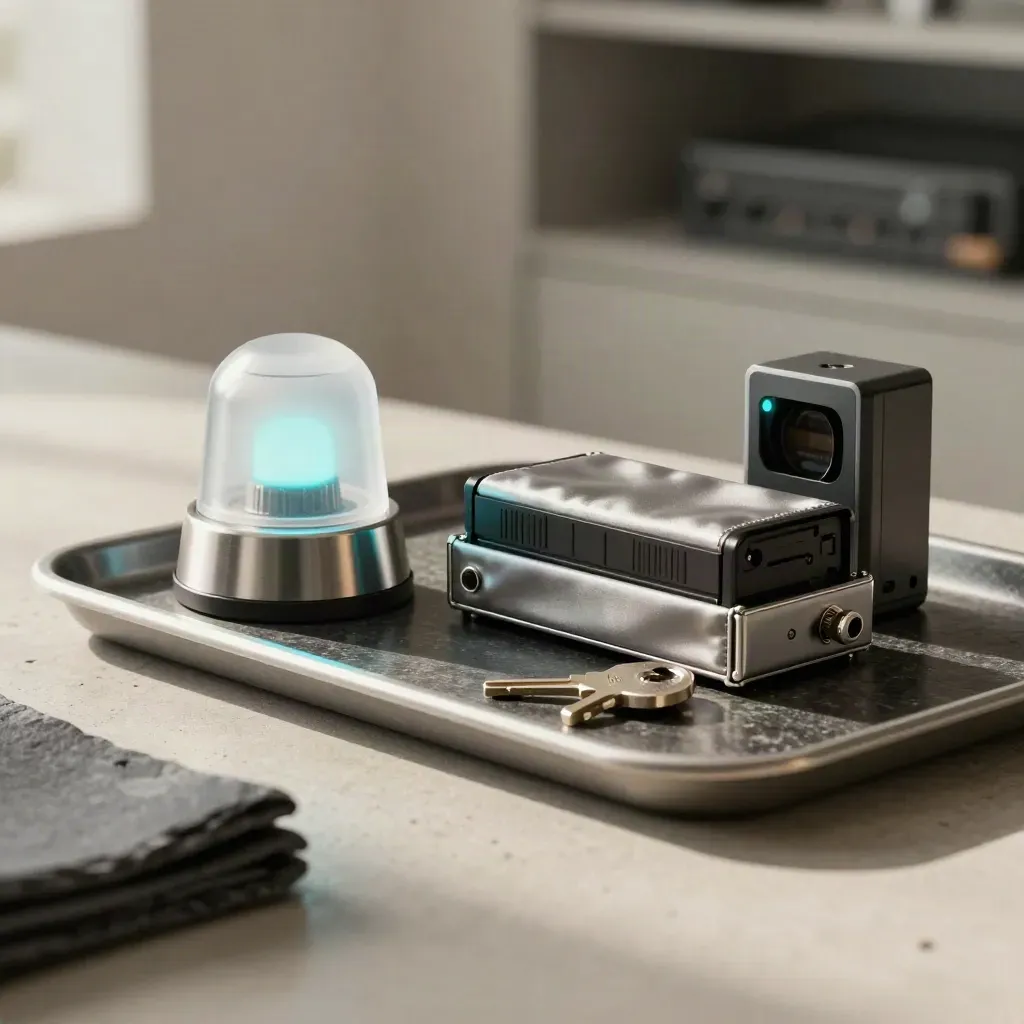 Monitoring tray with alarm beacon, log drive, status tower and key on stone, lit by cool side light.