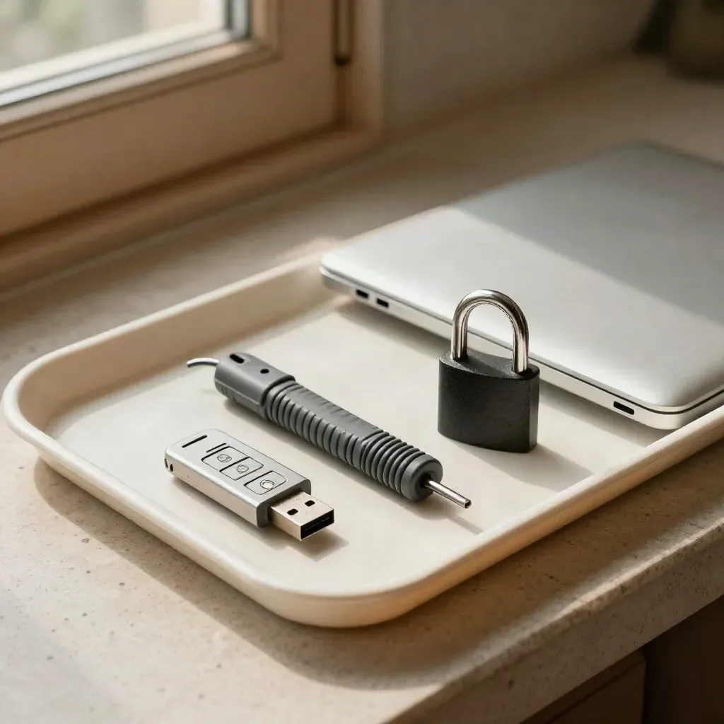 Audit tray with USB key, cable tester, padlock and closed laptop on pale plaster.