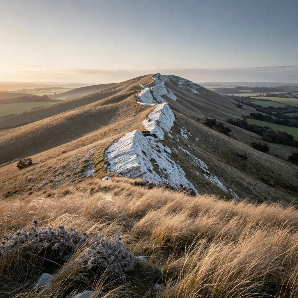 Golden South Downs ridge under sunrise haze with calm open fields and distant coast.